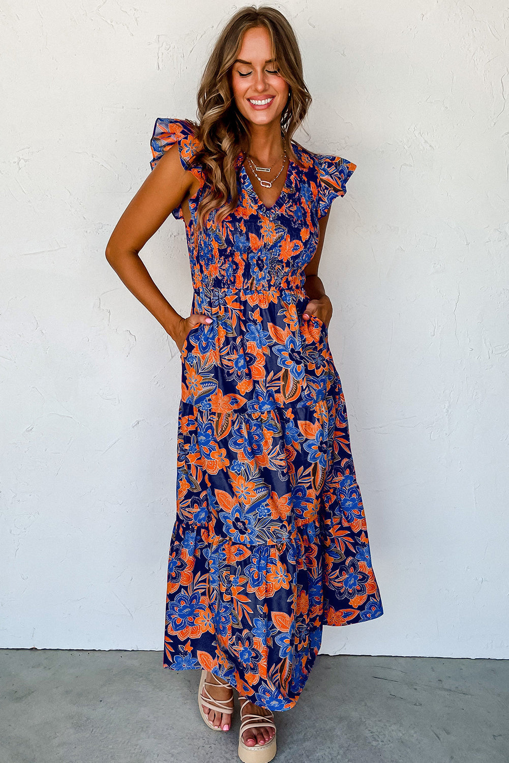 Robe Bohème | Robe florale avec décolleté en V et volants